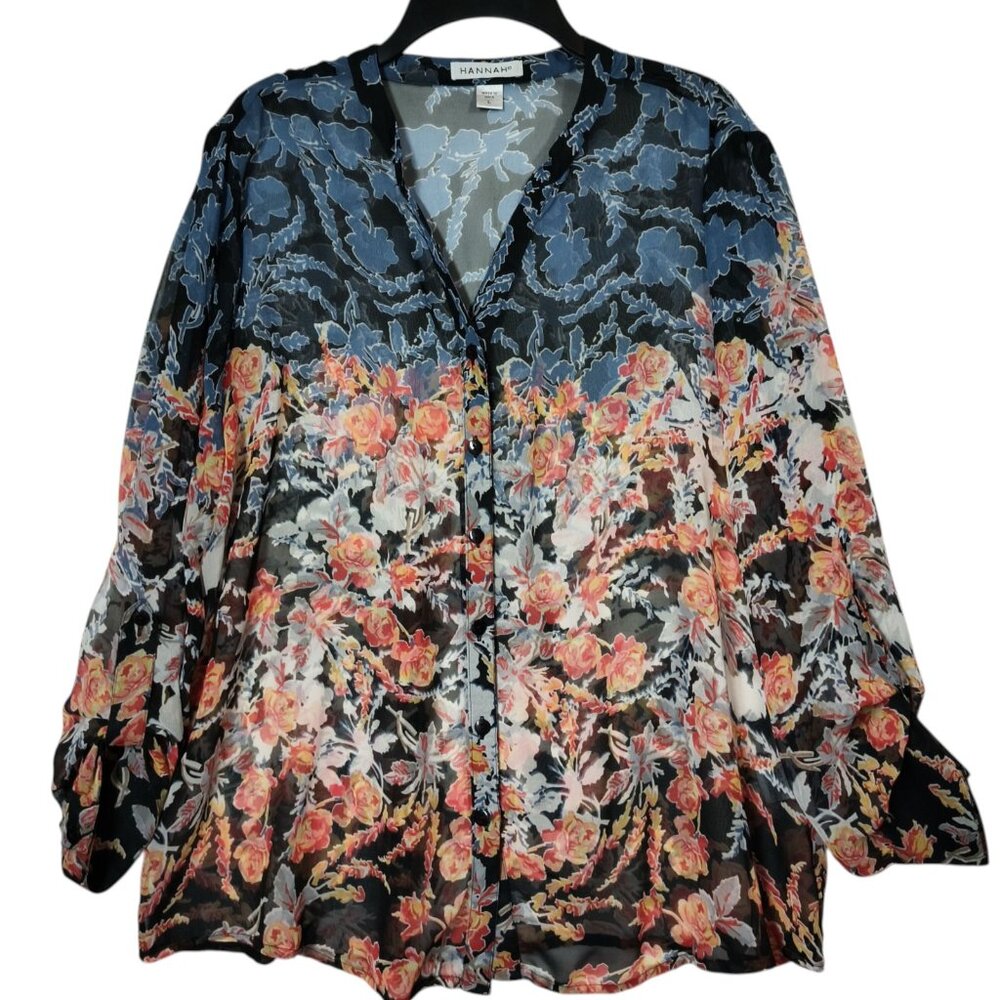Hannah V-Neck Sheer Floral Blouse Long Sleeves Women's Size Large